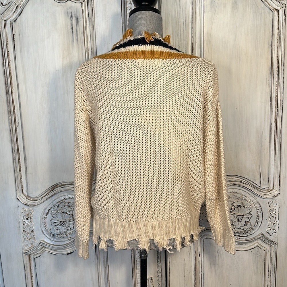 Elan Deep V Neck Distressed Preppy Open Knit Gold Black Cream Pullover Sweater - Picture 9 of 13